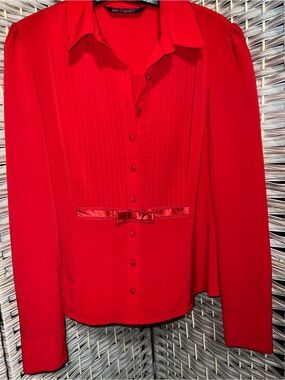 Fusion brand Red Button-Front Blouse with Satin Bow Detail